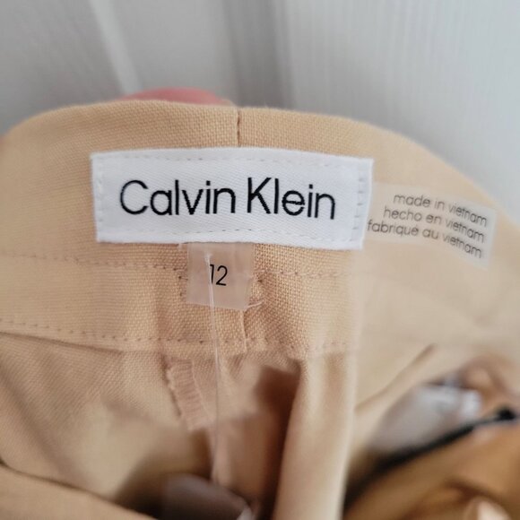 Calvin Klein Women's Tan Belted High Waist Pleated Linen Blend Pants Sz 12 - Picture 10 of 11